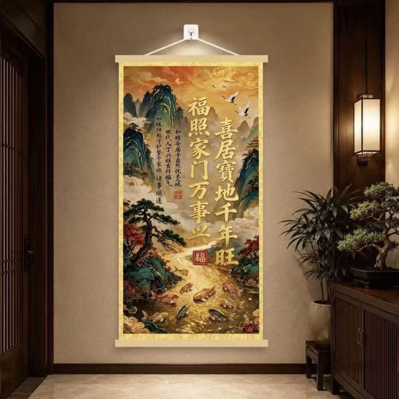 九鱼图喜居宝地千年旺卷轴挂画新中式沙发背景墙客厅玄关装饰画