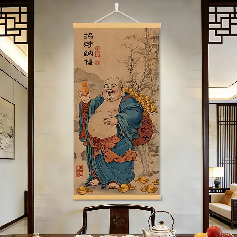 弥勒佛像挂画挂图招财纳福茶室办公室玄关字画装饰新中式卷轴壁画