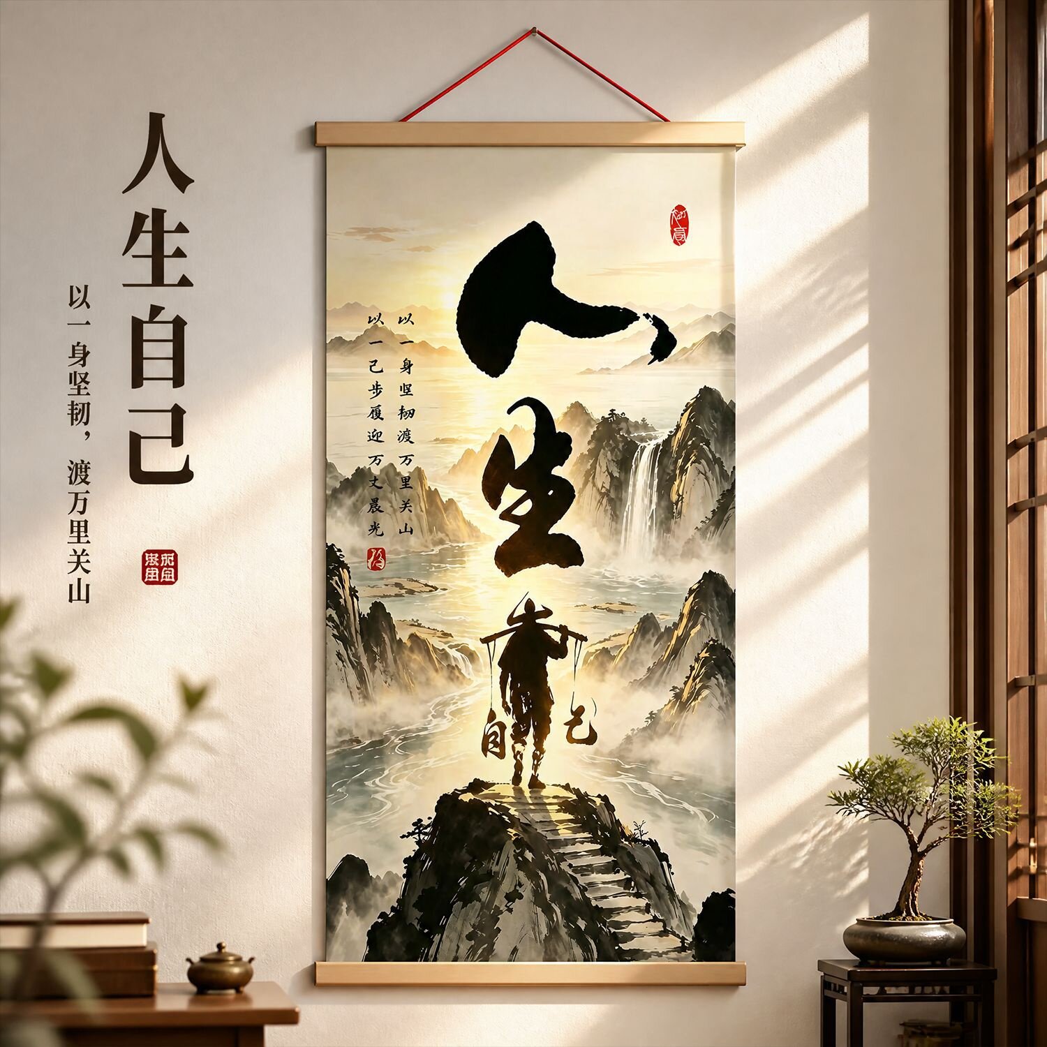 人生靠自己新中式励志书法挂画茶室办公室玄关客厅背景墙装饰挂画