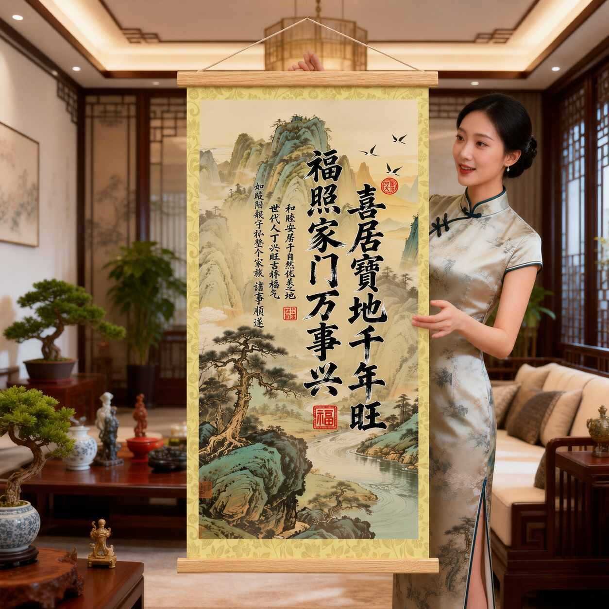 新中式喜居宝地千年旺挂画沙发背景墙装饰画招财玄关卷轴实木挂图
