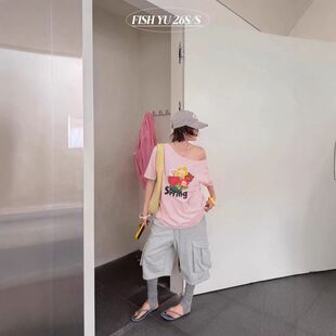 韩系小熊印花大版 2026夏新款 FISH t恤女626176 百搭条纹短袖