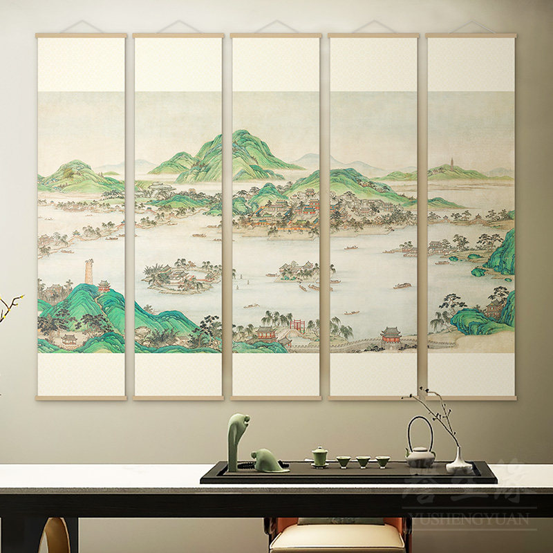 西湖风景图新中式挂轴山水画客厅书房装饰画茶室饭厅过道墙壁画
