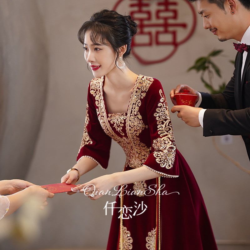 敬酒服新娘结婚订婚回门红色连衣裙中式秀禾礼服女简单大气高级感