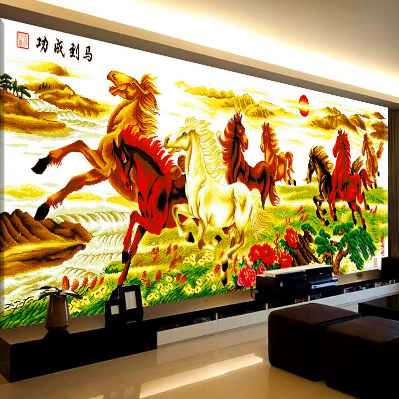 彩珠绣马到成功十字绣全珠子绣新款客厅大幅八骏图串珠丝线绣穿珠