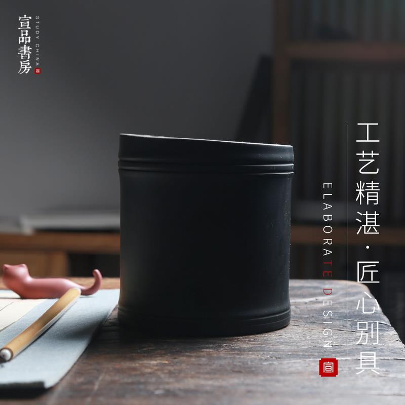 砚石笔筒复古中国风安徽宣城创意手工原石大容量圆形收纳盒笔罐