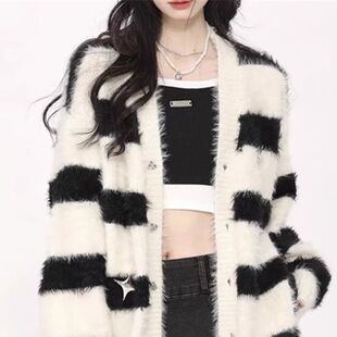 宽松慵懒风条纹百搭针织衫 仿水貂毛开衫 毛衣外套女2026春新款