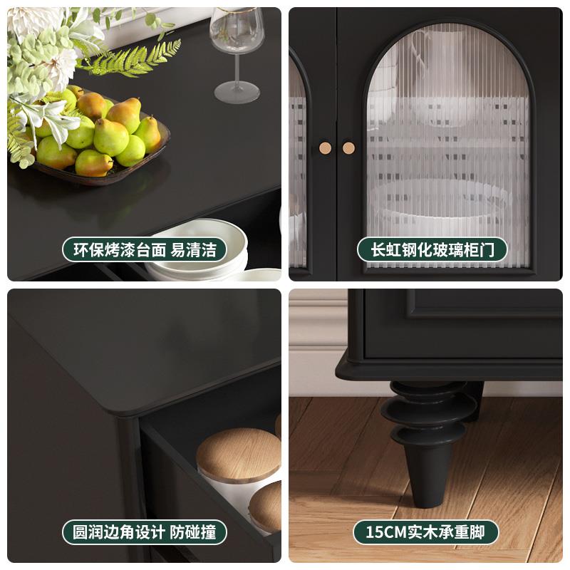 法式复古餐边柜实木茶水柜家用餐厅碗柜对开门黑色中古厨房收纳柜