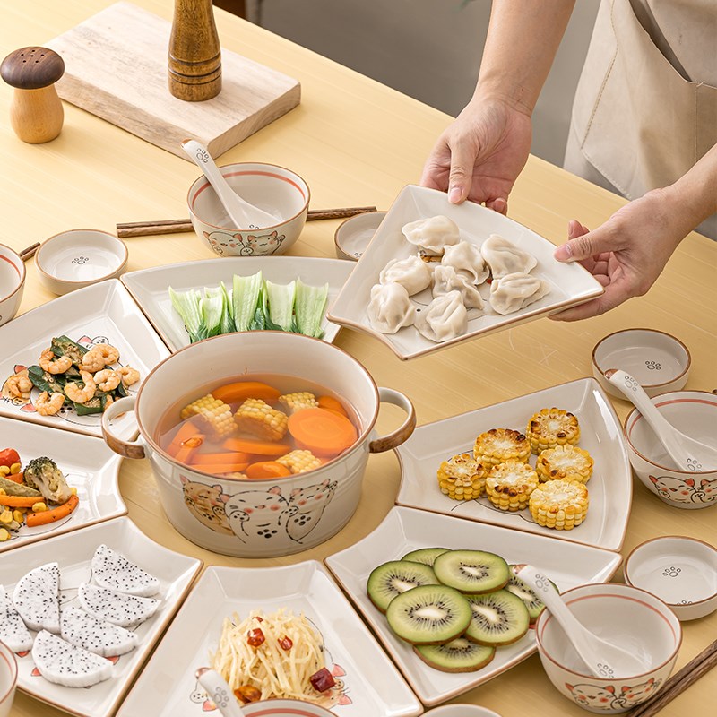团圆拼盘组合年夜饭家庭餐具过年圆桌碗碟套装2022网红陶瓷菜盘子
