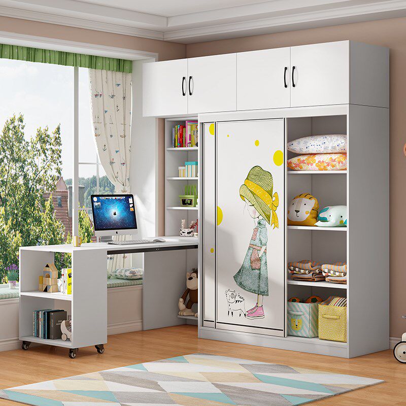 儿童房小卧室衣柜带学习桌可折叠书桌书架组合实木推拉门一体转角