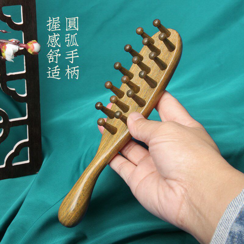 美木兮黑檀木合牛角洗头按摩梳插齿头部经络梳绿檀木梳子头皮穴位
