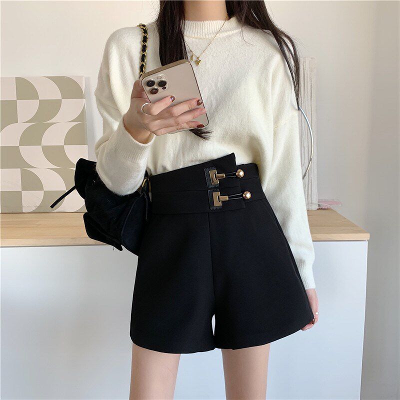 春秋胖mm西装裤外穿高腰遮肚子a字阔腿裤大码休闲百搭黑色短裤女