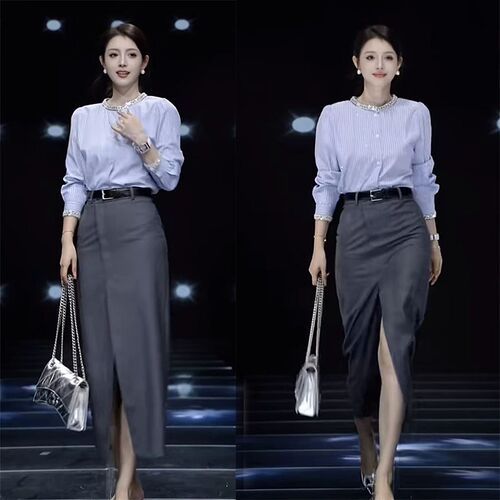 2025春季新款法式气质高级感蓝色条纹衬衫女高腰开叉半身裙两件套