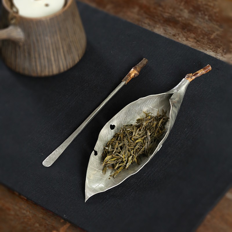 手工錾刻纯锡叶子茶则两件套创意赏茶荷茶铲茶勺套装功夫茶具零配