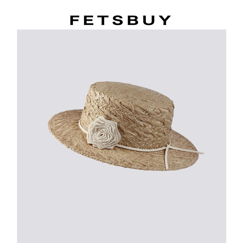 FETSBUY纯手工重工编织花朵设计拉菲草帽透气平顶礼帽海边太阳