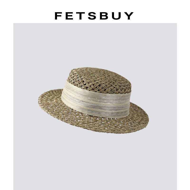 FETSBUY天然咸水草真丝麻手工编织草帽透气平顶礼帽出游太阳帽