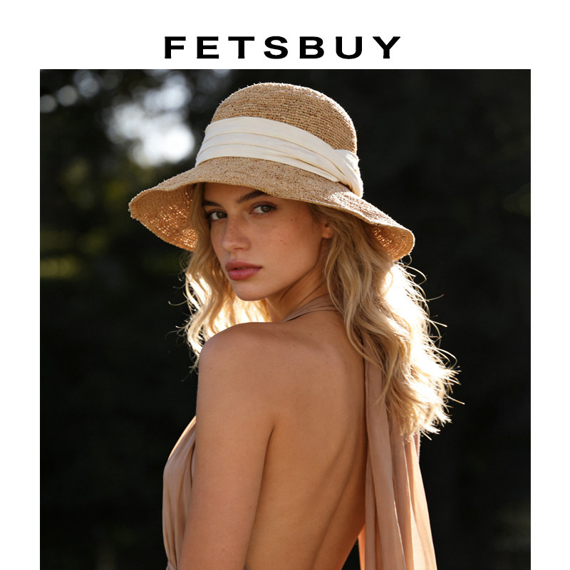 FETSBUY重工手工拉菲草编织布带遮阳圆顶草帽显脸小防晒渔夫帽女