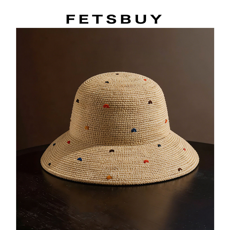 FETSBUY设计师定制进口拉菲草帽夏天百搭透气编织细草防晒遮阳