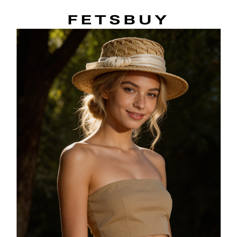 FETSBUY重工拉菲草帽手工编织平顶礼帽户外出游海边遮阳太阳帽