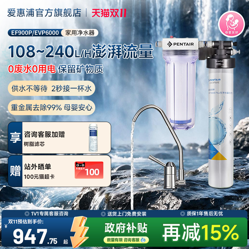 爱惠浦净水器家用厨房矿物质水大流量0废水0耗电EF900P/EVP6000