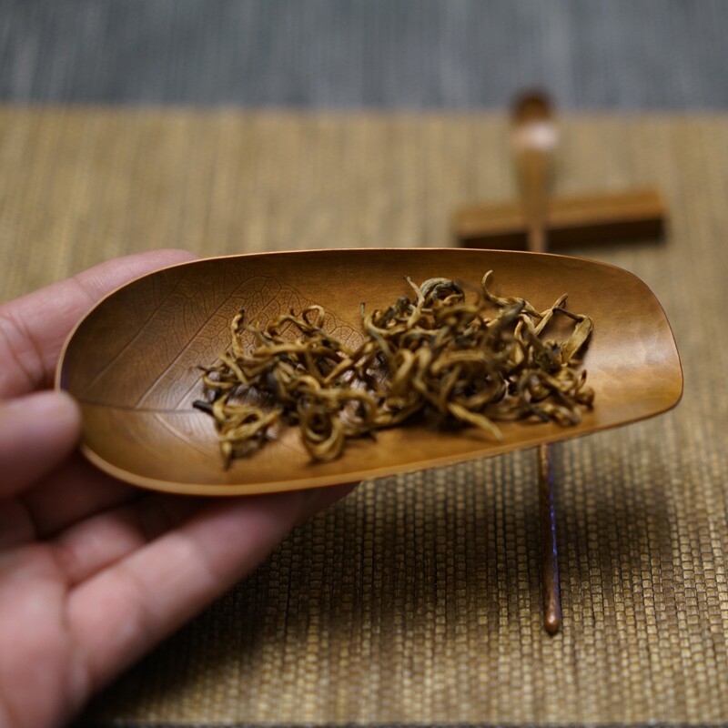 菩提叶小茶则铜茶荷紫铜茶道空间配件手工制作雕刻中式复古铜