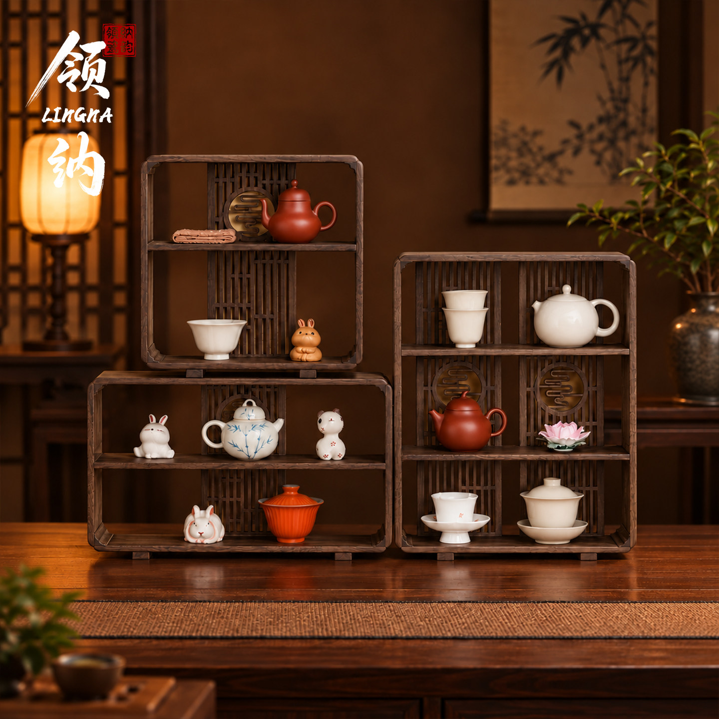 中式复古胡桃木镂空小博古架家用桌面茶具茶杯收纳多宝阁置物架