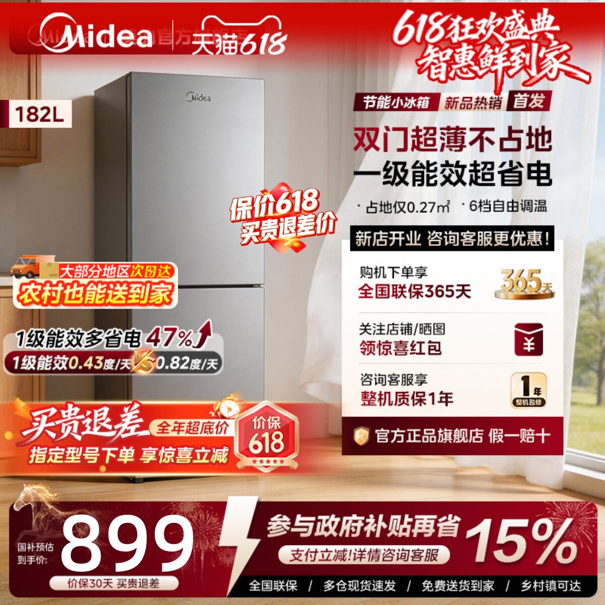 美的冰箱191家用小型租房宿舍低噪节能两门一级能效电冰箱旗舰店