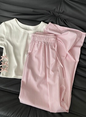 粉色阔腿裤女蓝色条纹休闲裤子女夏季薄款宽松显瘦垂感