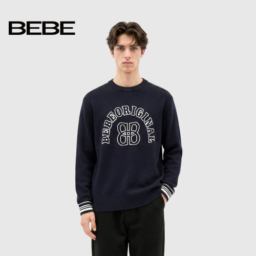 Bebe男美式休闲字母条纹毛衣