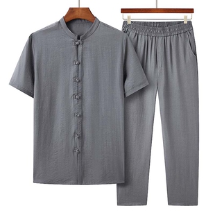 短袖套装男2026夏季新款中老年休闲冰丝套装爸爸中式服装爷爷衣服