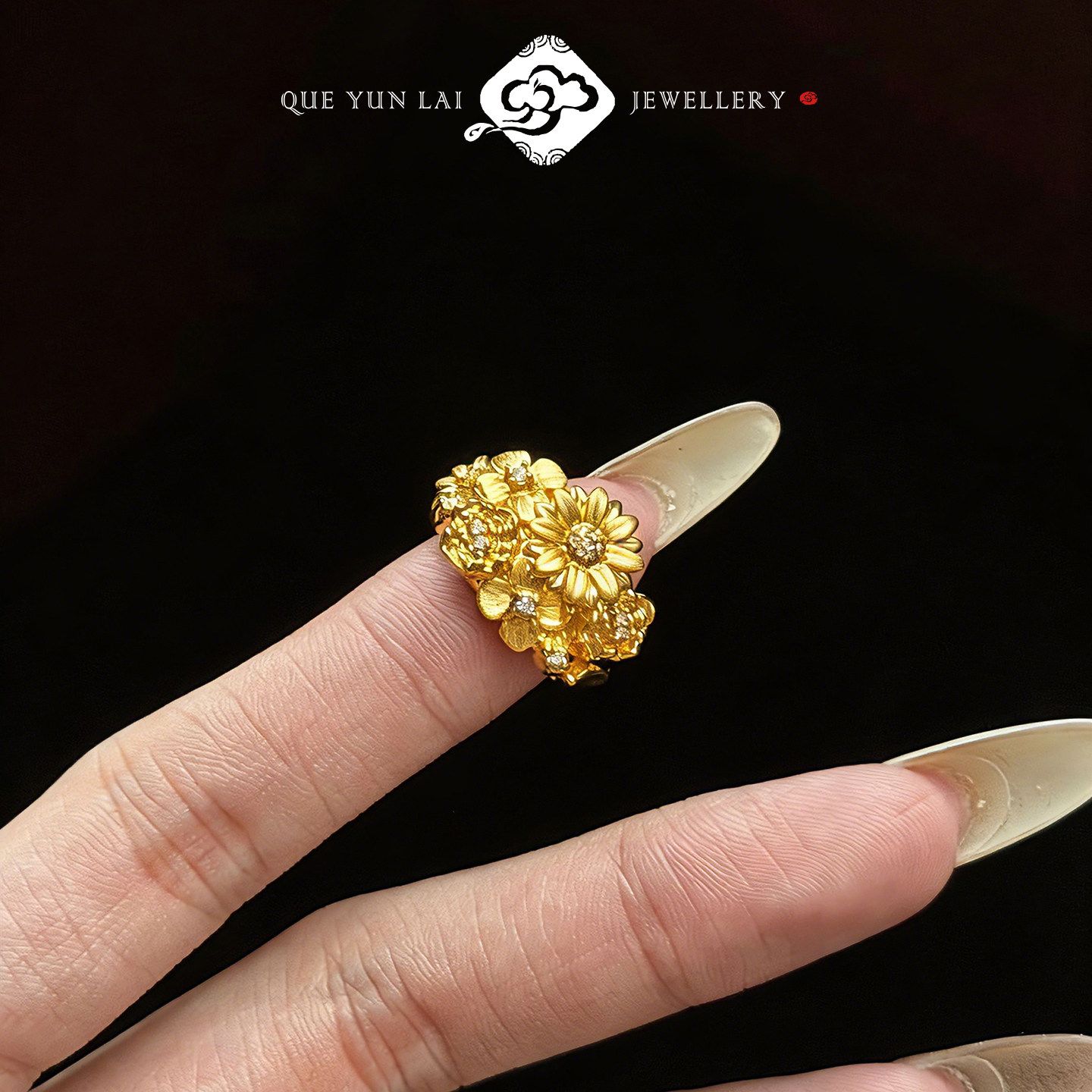 雀云来999足金点钻戒指黄金繁花指环轻奢时尚高级感硬金工艺图片