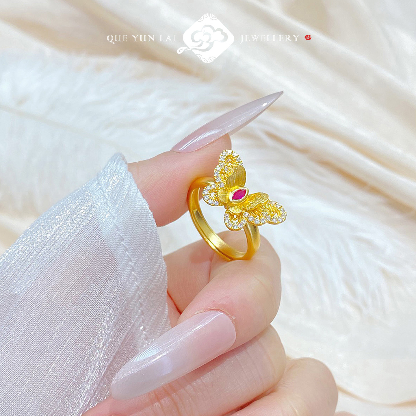 雀云来999足金点钻古法黄金戒指女款活口双层花蝴蝶时尚新中式