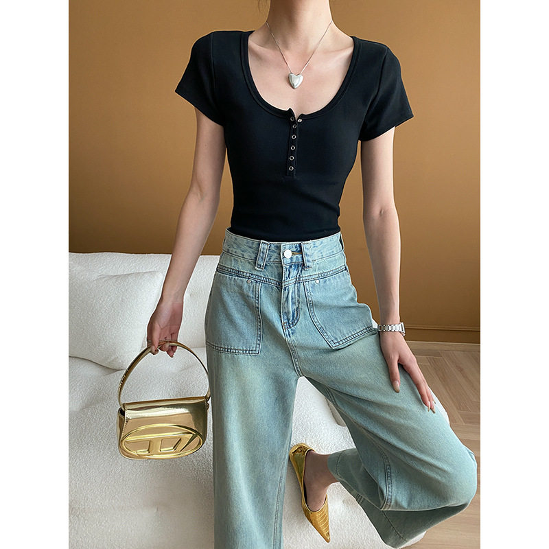 小众设计 简约U领纽扣半门襟正肩修身显瘦短袖T恤 SN5526