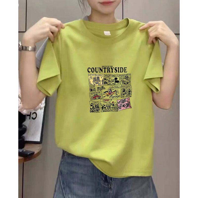 日常通勤常规正肩圆领短袖t恤女外穿基础款卡通印花休闲减龄上衣