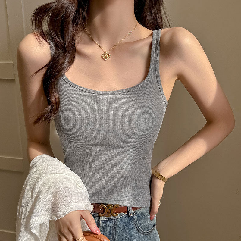 春夏莫代尔吊带小背心女带胸垫一体式修身显瘦无袖打底遮副乳上衣