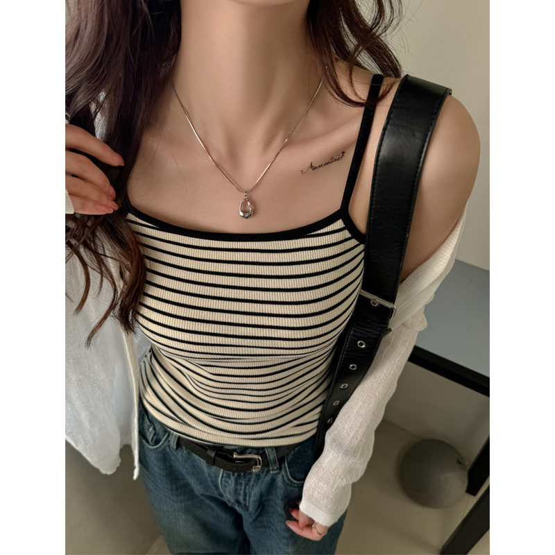 纯棉撞色针织条纹打底小吊带背心女内搭设计感高弹春夏季性感上衣