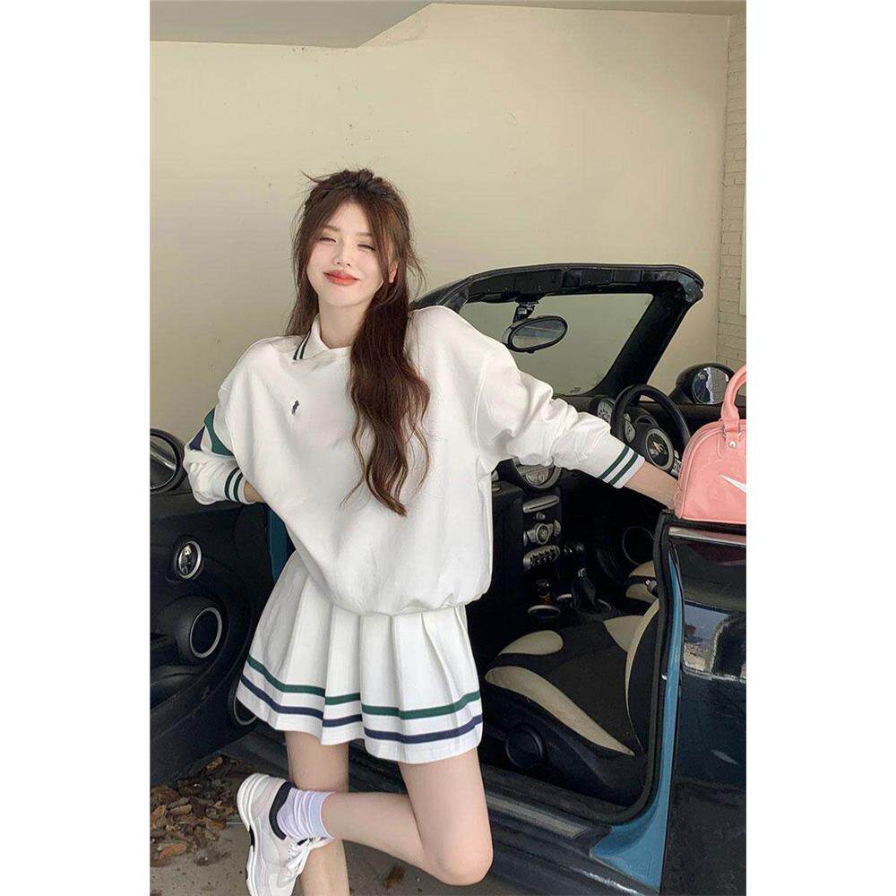 条纹运动polo领卫衣女早秋美式覆古长袖外套白色辣妹宽松短款上衣