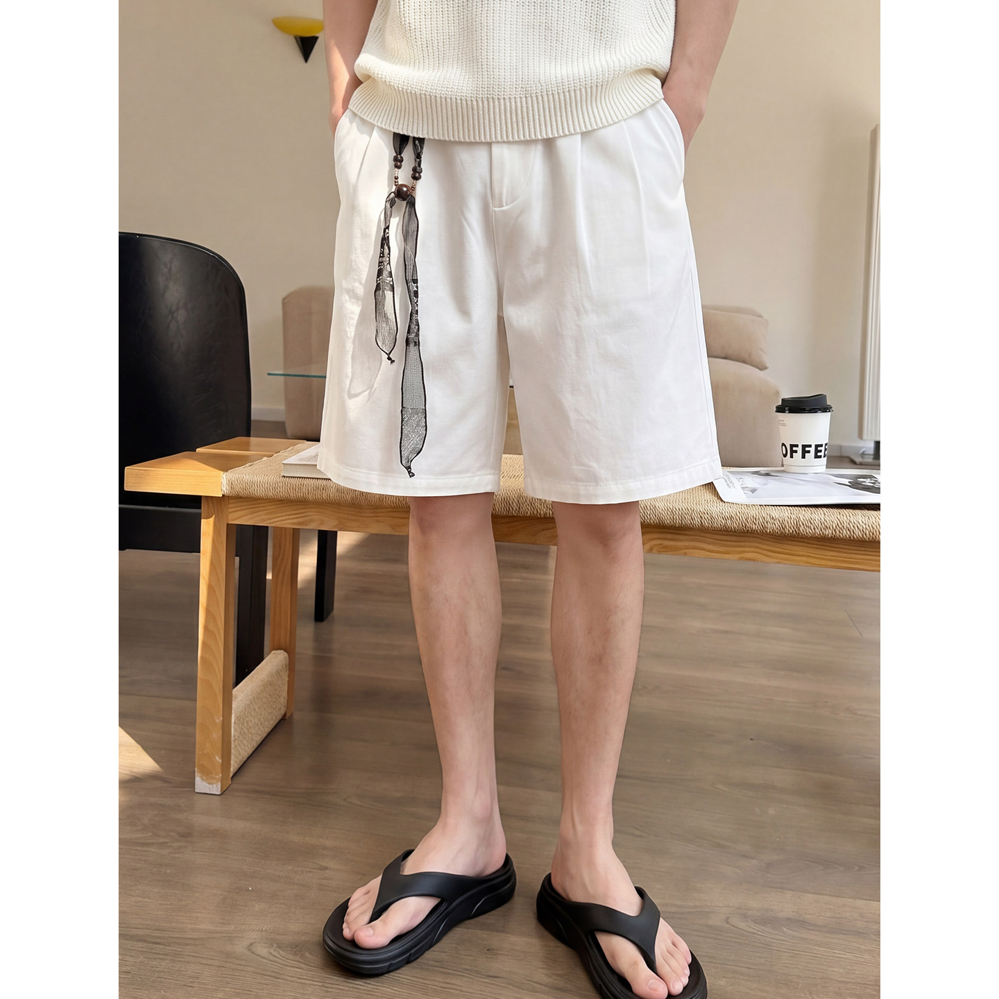 GIGIBIRD韩版白色休闲纯棉短裤男士夏季直筒设计感显瘦高端牛仔裤