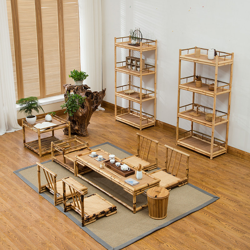 日式竹茶棚博古架 边柜茶几竹制茶具收纳展示 湘妃斑竹多宝阁书架