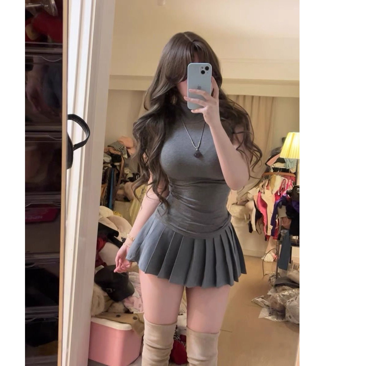 美式辣妹无袖上衣修身短款背心外穿高腰显瘦半身裙短裙套装女夏季