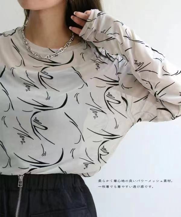 日单日系小众印花网纱罩衫薄款弹力透视辣妹叠穿防晒内搭上衣