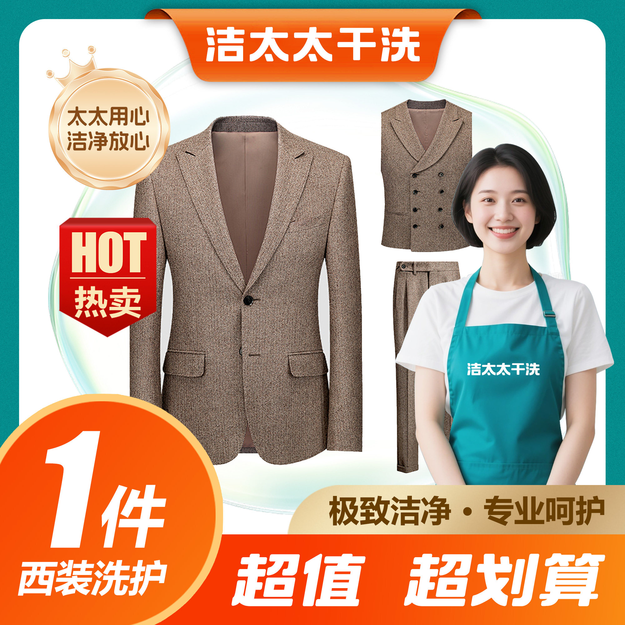 洁太太洗衣水洗干洗西装+西裤+服装清洗