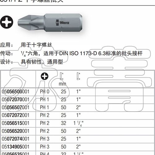 德国wera维拉851/1 Z系列十字螺丝批头 PH0 PH1 PH2  全长25/50mm