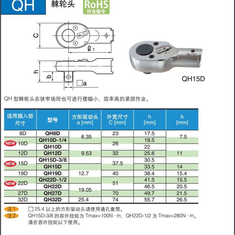 日本东日TOHNICHI扭力扳手QH8D 10D QH12D 15D 19 22D进口棘轮头