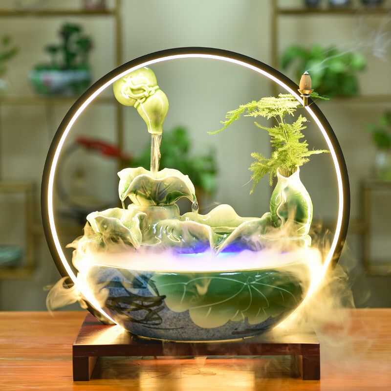 创意悬壶流水喷泉鱼缸摆件灯圈倒流香炉风水招财客厅装饰开业礼品