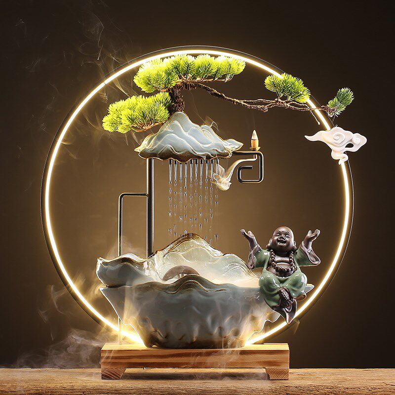 招财流水喷泉摆件中式灯圈倒流香炉循环水创意家居办公室开业礼品