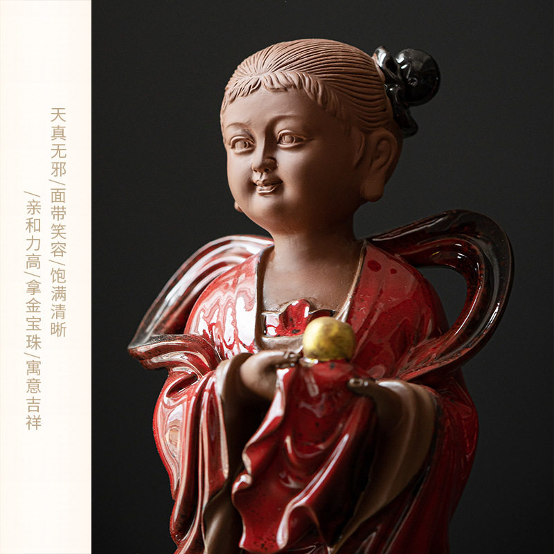 紫砂金童玉女佛像摆件供奉家用招财善财童子龙女观音菩萨佛前侍奉