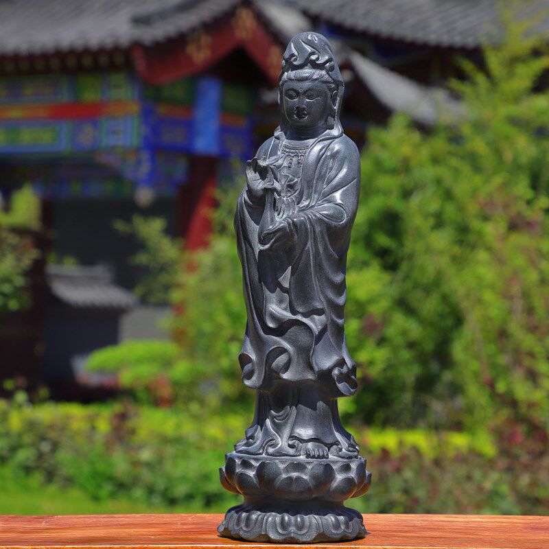 石雕石头青石观音菩萨南海观音坐莲送子观音佛像摆件家用原石雕刻
