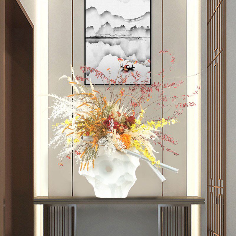 新中式现代简约手工陶瓷仿真花艺竹条架构插花酒店大堂会所摆件设