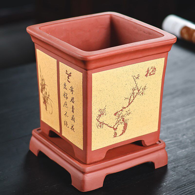 宜兴紫砂花盆加深四方带紫砂底座兰花君子兰梅兰竹菊室内盆景花盆