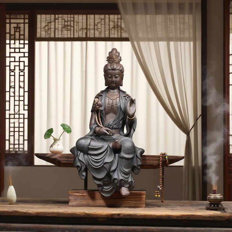 禅意观音佛像摆件持莲新中式陶瓷家居供奉保平安玄关电视柜装饰品